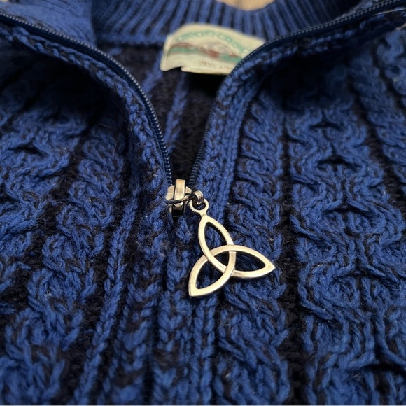 Aran Crafts Merino Wool Cable Knit Long Zip Up Sweater Women’s XXS Navy & Black - Picture 4 of 10